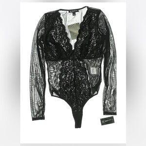 INC International Concepts Black Sheer Deep V Neck Size S Lace Bodysuit NWT